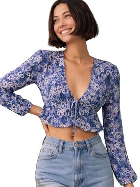 Aritzia Sunday Best Floral Tie Front Cropped Peplum Blouse Sz S